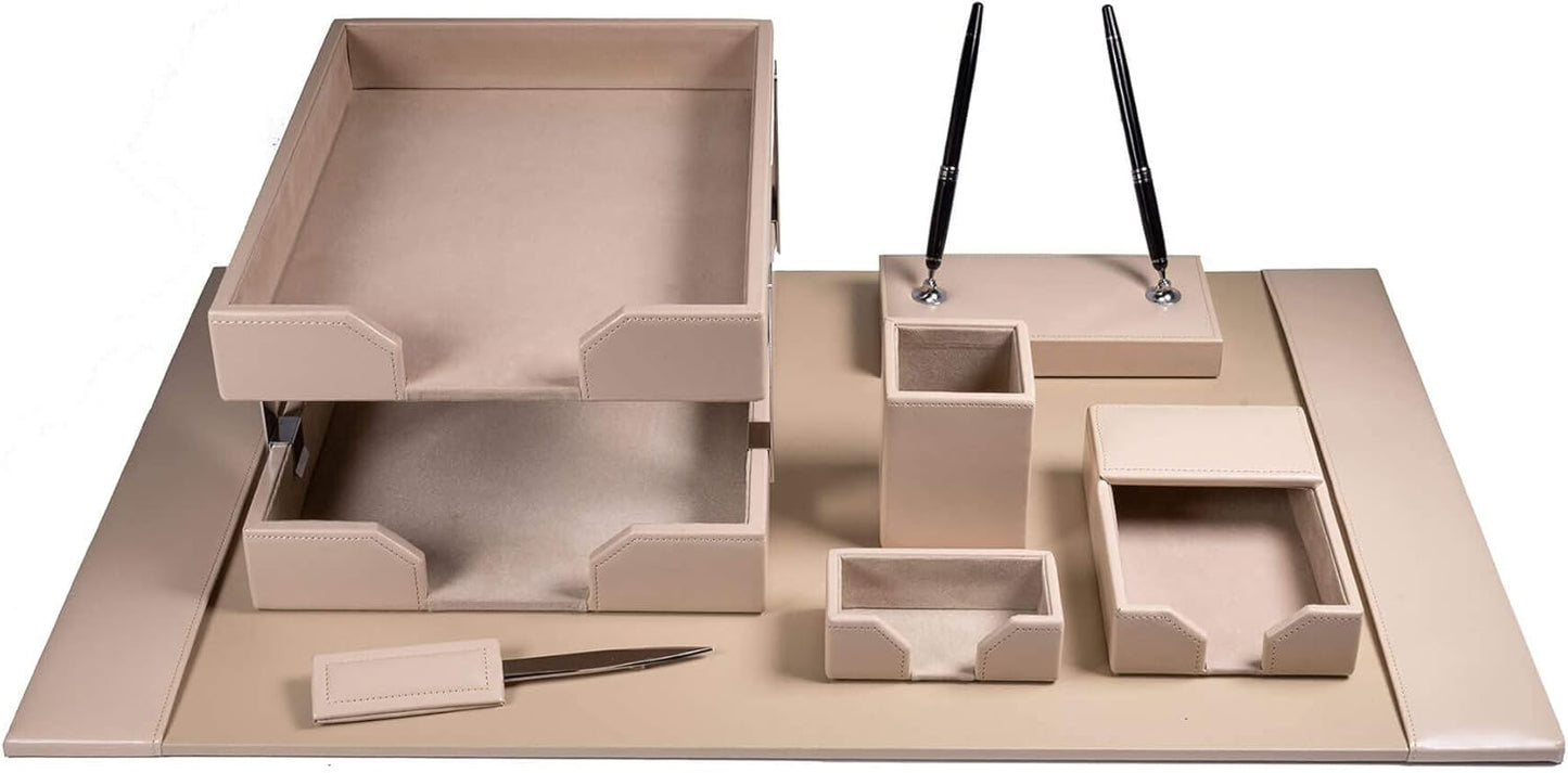 Dacasso Bonded Set Luxury Leather Desk Pad & Desk Organization Essentials, 9 Piece, White Latte