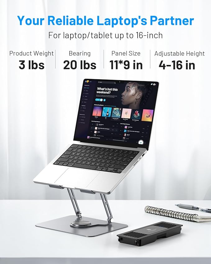 Laptop Cooling Stand with Detachable Thermoelectric Cooler, Adjustable Height & Angle, 360 Rotation Base, Carbon Steel Framework, Ultra-Quiet & Super Sturdy for up to 15.6” Laptop (Grey)