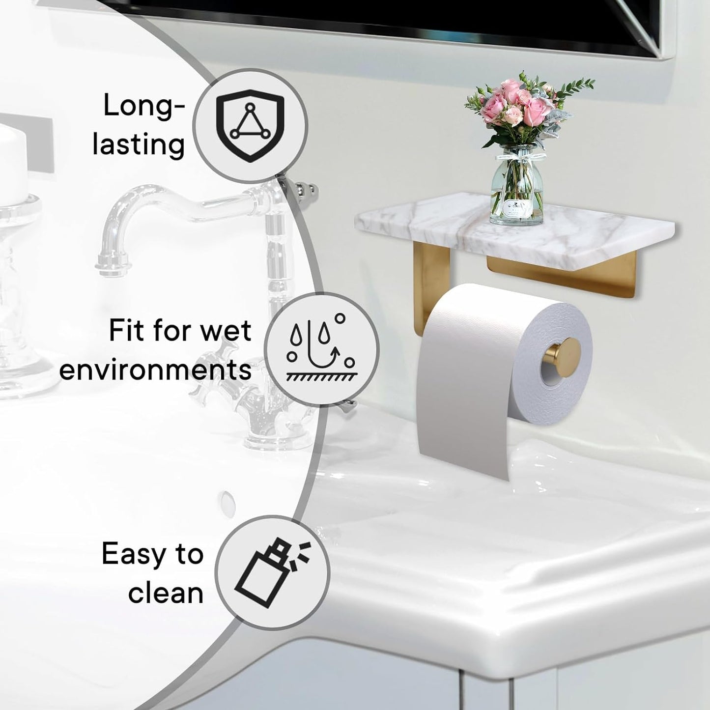 Toilet Paper Holder with Natural Marble Shelf for Bathroom Washroom,Wall Mounted Tissue Holder Suitable for Mega Roll (Brushed Gold, Middle 7.87 * 4.72 in)