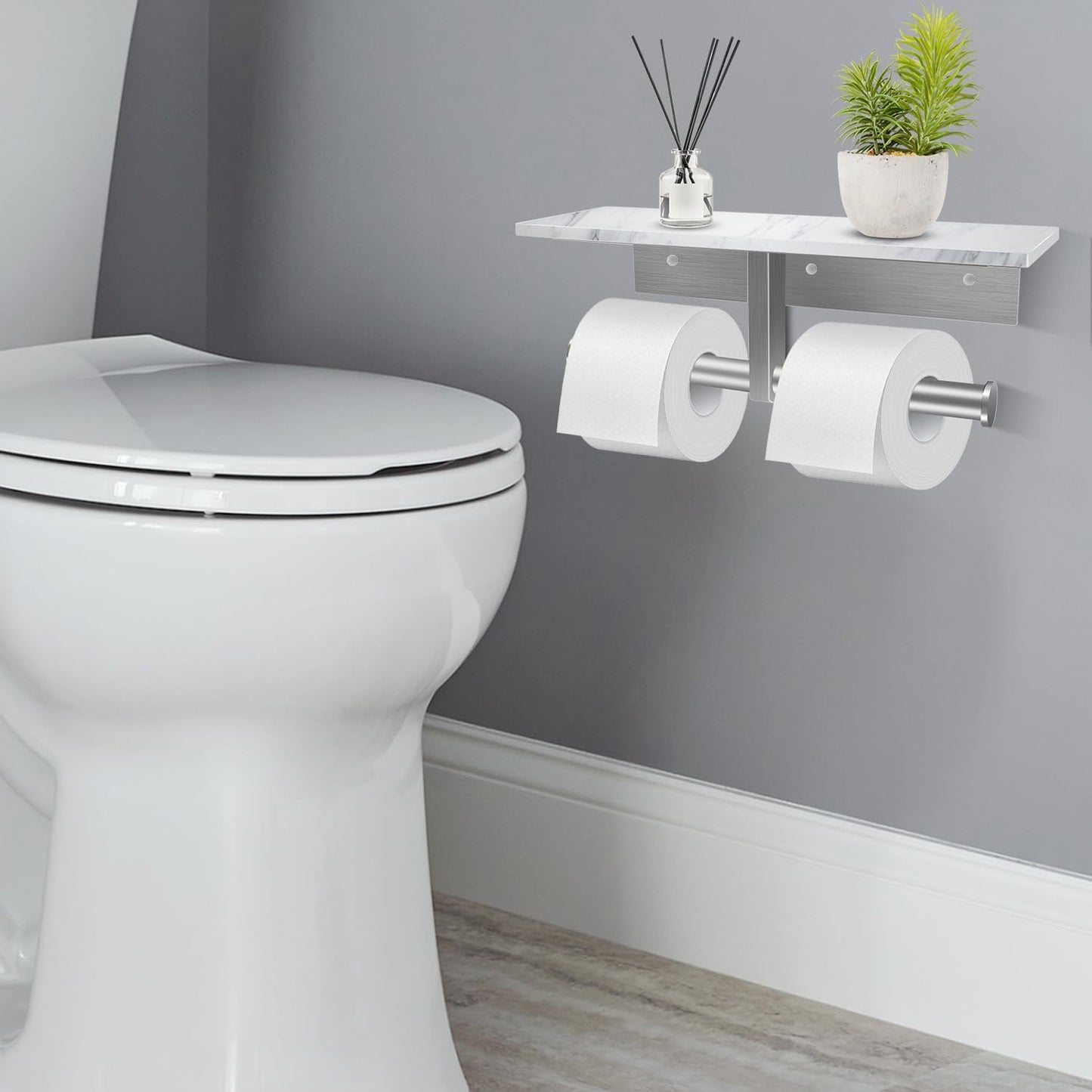 Toilet Paper Holder with Shelf, Double Toilet Paper Holder Wall Mount and 2PCS Free Adhesive Hooks for Bathroom Washroom, Marble Toilet Paper Holder Brushed Nickel