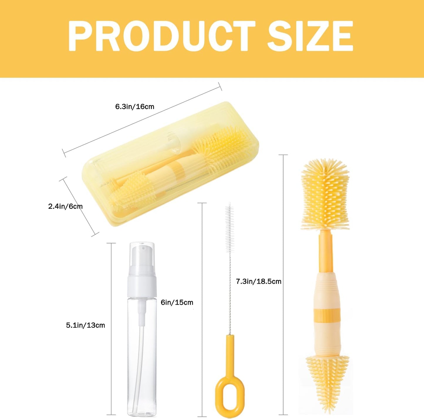 Travel Bottle Brush, 6-in-1 Portable Travel Bottle Cleaner Kit with Small Bottle Brush Built in Drying Rack, Nipple Brush, Straw Brush, Soap Dispenser, for Baby Bottles Under 8 OZ, BPA-Free(Yellow)