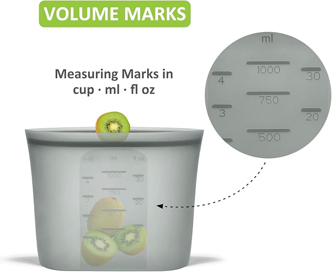 Reusable Storage Bags Quart Size, 4 Pack, 100% Silicone Stand Up Ziplock Reusable Silicone Food Storage Bags Sandwich Bags Containers, Freezer Microwave Oven Dishwasher Safe, Grey, 33.8fl.oz