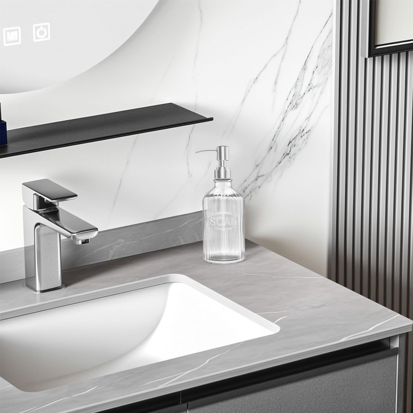 Glass Dish Soap Dispenser - Refillable Kitchen Hand Pump for Rust Proof Stainless Steel Countertop, Clear Liquid Bathroom Dispenser