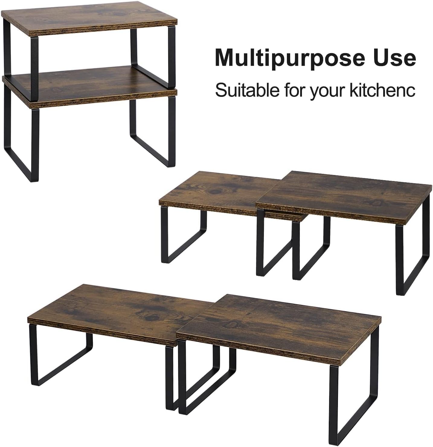 NEX Kitchen Cabinet and Counter Shelf Organizer, Shelf Riser for Pantry Countertop Cupboard Desk Top, Stackable & Expandable, Set of 4, Black and Rustic Brown