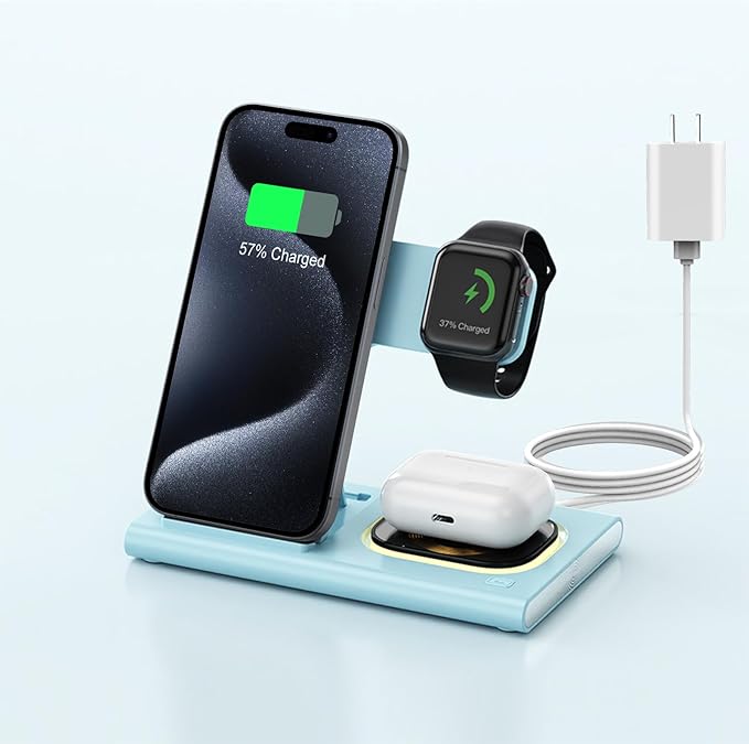 3 in 1 Charging Station for iPhone 17 - Wireless Charger for Apple Products for iPhone 17 16 15 14 13 12 11 Pro Max - Foldable Wireless Charging Station Dock Stand for iWatch Series & AirPods(Blue)