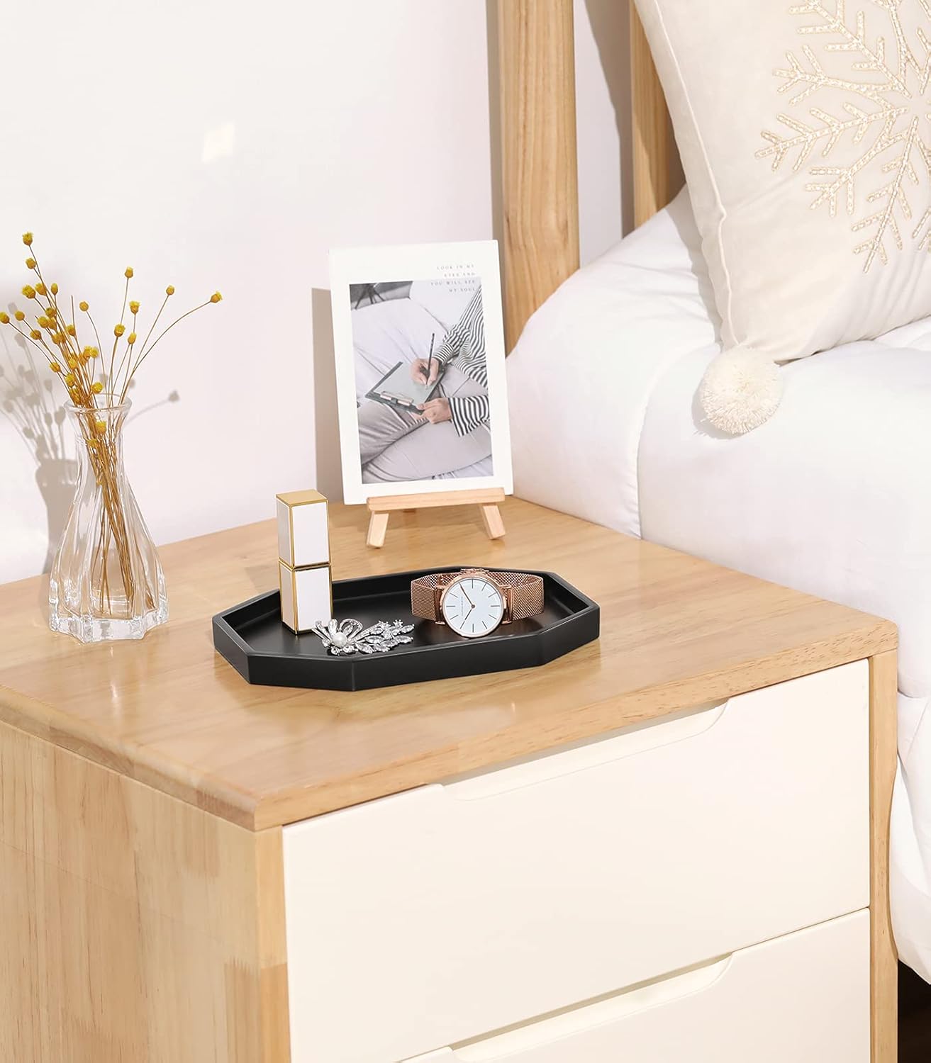 Emibele Vanity Tray - Resin Bathroom Jewelry Ring Dish, Small Octagon Perfume Tray for Dresser Countertop, Candle Decorative Tray, Toilet Tank Kitchen Sink, Marble Home Decor, Matte Black