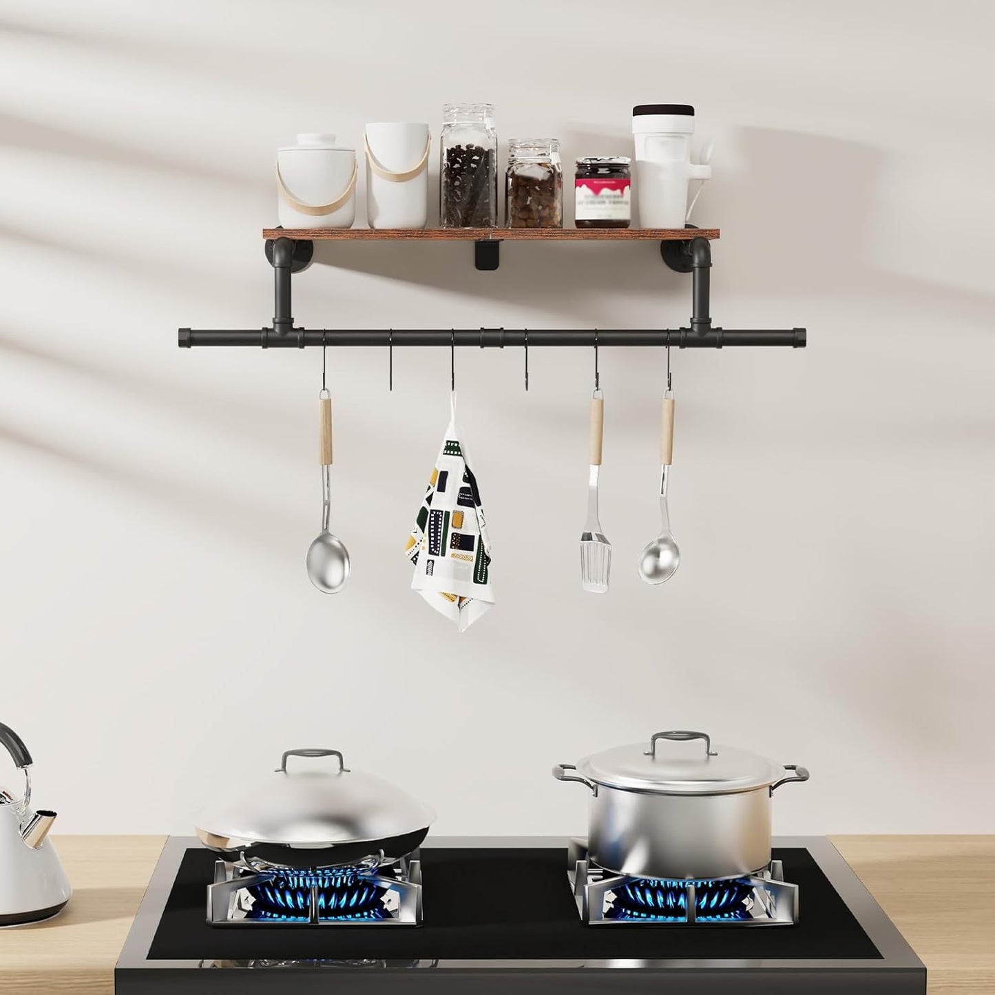 Wall Mounted Clothes Rack with Top Shelf, Space Saver Industrial Pipe Shelving, Heavy Duty Iron Closet Poles, Extension at Both Ends, 37.6×10.2×5.9 Inch, Black