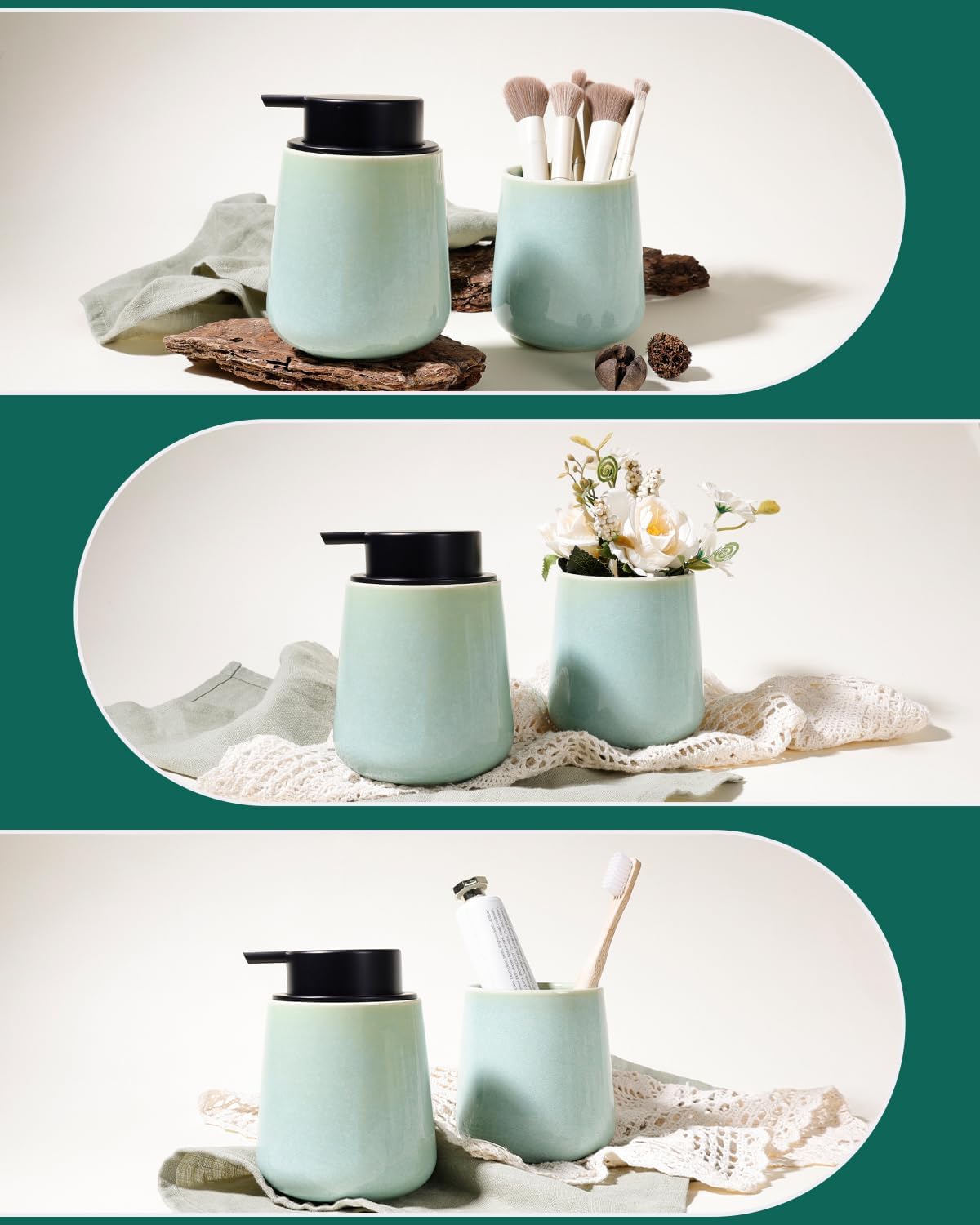 BosilunLife Foam Hand Soap Dispenser - 12 oz Bathroom Lotion Hand Pump Dispenser Light Green Foaming Soap Dispenser Ceramic Dish Liquid Dispenser for Kitchen