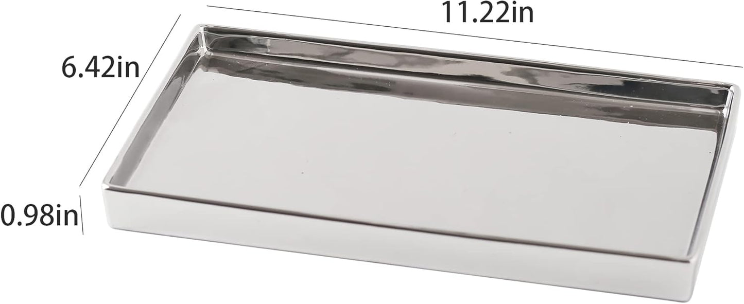 Ceramic Trinket Tray Rectangte Vanity Jewelry Organizer Makeup Mirror Tray Silvery Medium