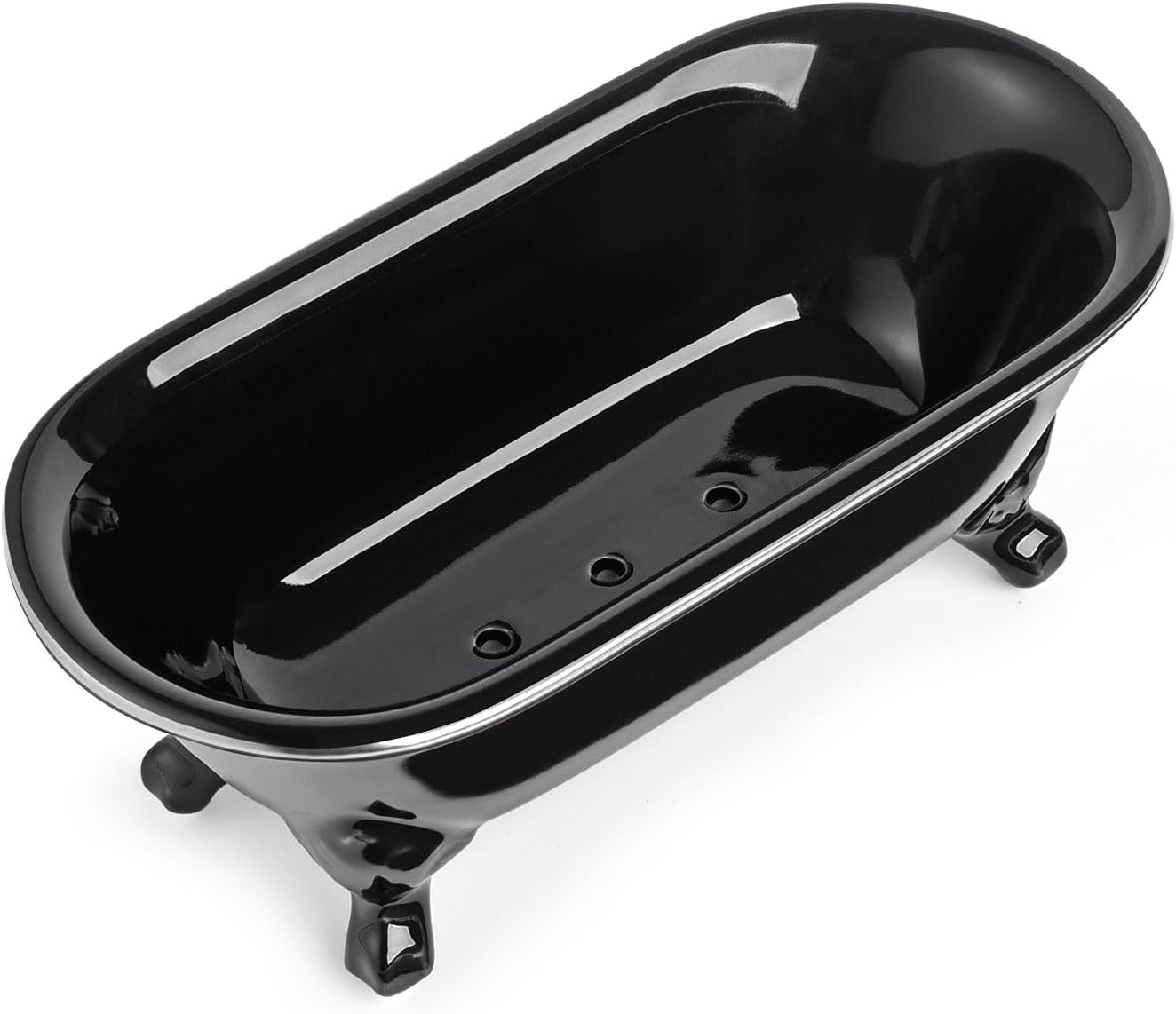 6.5" Ceramic Mini Decorative Clawfoot Bathtub Bar Soap Dish, Kitchen Sponge Holder and Shower Tray for Bathroom, 1 Pack (Black Silver Rim)