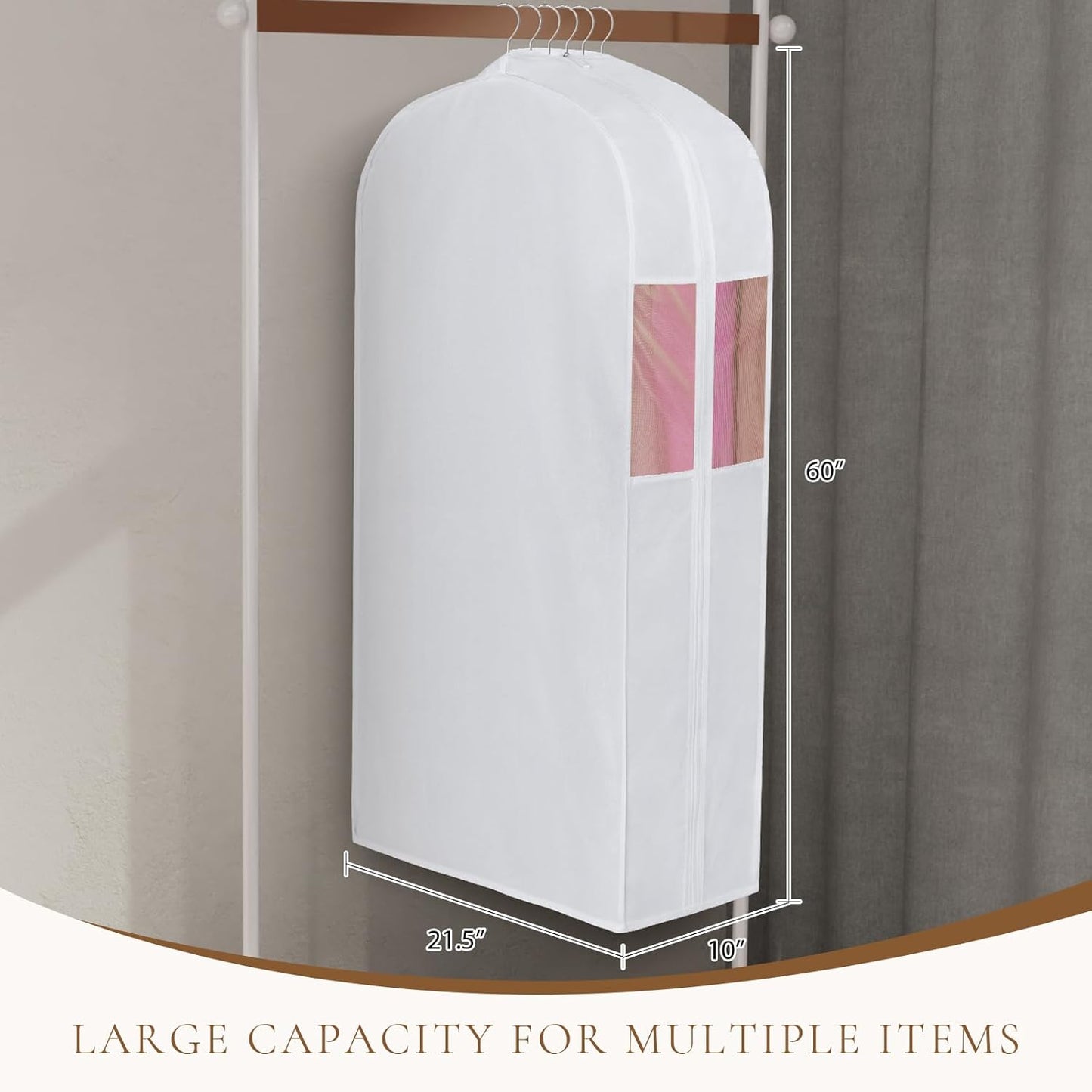 Univivi Premium Cotton Garment Bags for Hanging Clothes and Storage, 60 Inch Washable Dress Bags for Gowns Long, Full Zipper Dust Cover with Extra Large 10" Gusset & Clear Window - 2 Pack