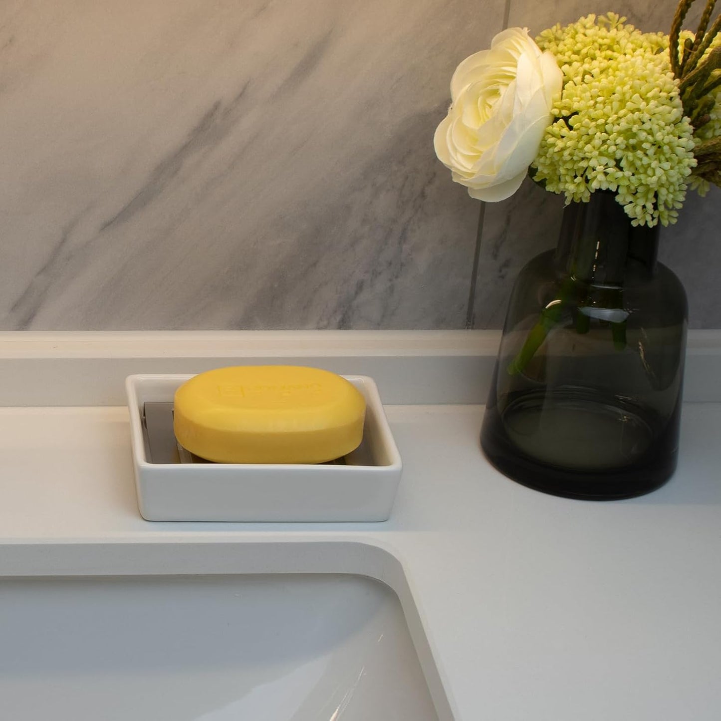 Soap Dish for Bar Soap, Bathroom Soap Holder for Shower, White Ceramic Soap Tray with Stainless Steel Draining Holder