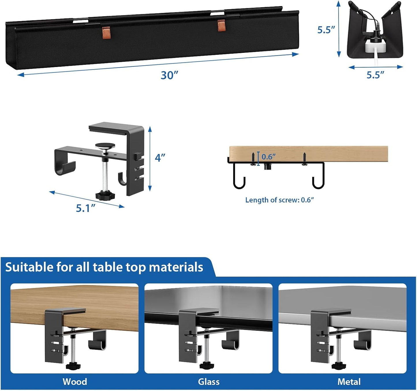 Zilink Under Desk Cable Management Tray, 30-Inch No Drill Clamp Mount Cable Organizer, Wire Organizer Tray for Office Home, Black
