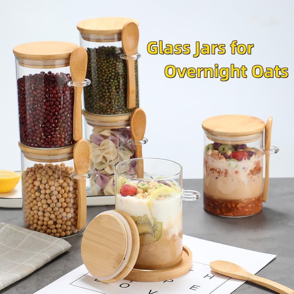 6 Pack Glass Jars with Bamboo Lids and Spoons for Loose Leaf Tea Storage, 17 OZ Overnight Oat Container with Lid and Scoop, Glass Canister Set as Tea Container for Loose Leaf Tea Holder