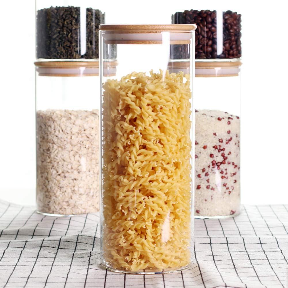 Stackable Kitchen Canisters Set, Pack of 5 Clear Glass Food Storage Jars Containers with Airtight Bamboo Lid for Candy, Cookie, Rice, Sugar, Flour, Pasta, Nuts