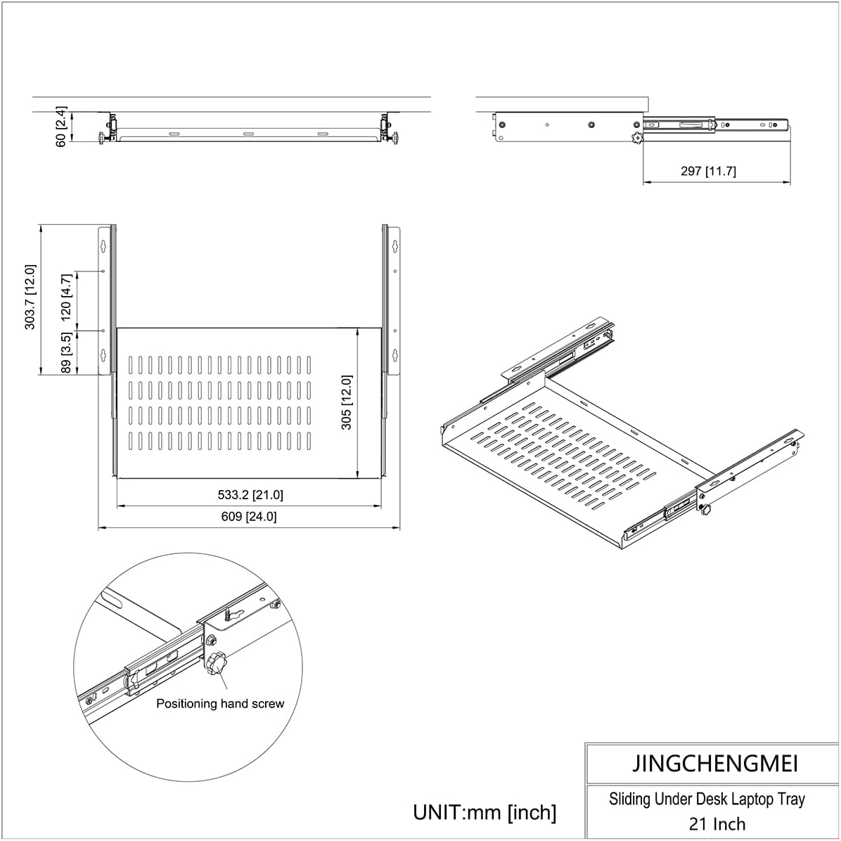 JINGCHENGMEI 21 inch Sliding Under Desk Laptop Mount with Air Vents, Metal Under Desk Slide Out Tray for Laptop (21 Inch)