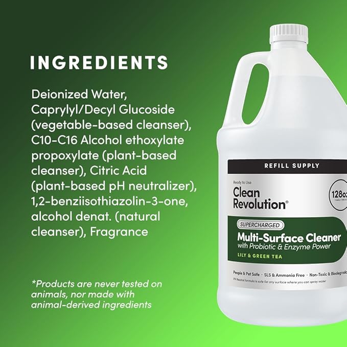 Clean Revolution SuperCharged Multi-Surface Cleaner, Non-Toxic, Eco-Friendly & Plant-Based, Ready to Use, Lily & Green Tea, 128 Fl Oz