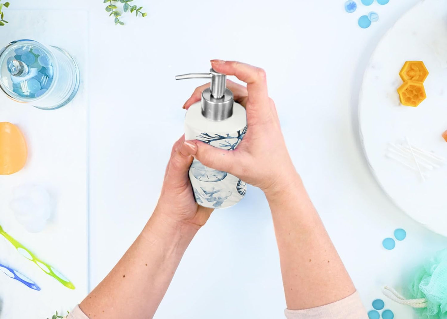 NAT & Jules Chic Modern Rounded 4.5 inch Ceramic Bathroom Accessories Set of 4 - Home Décor & Organization Perfect for Bath or Kitchen Household Essentials, Beach Nautical Blue & White