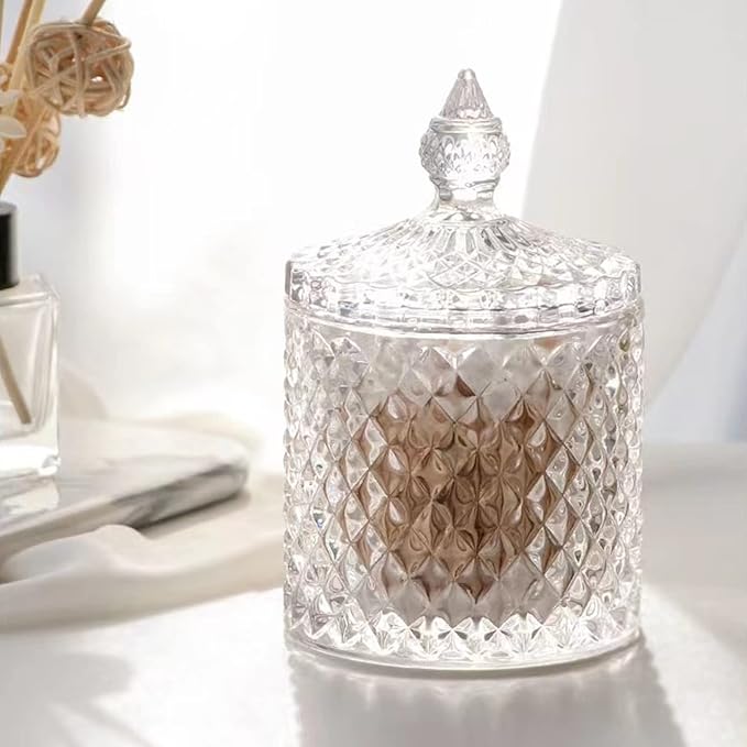 2 Pack Qtip Holder Thick Glass Apothecary Jars with Lid for Bathroom Decor Storage Organizer for Cotton Swabs, Balls, Pads, Floss Picks, Candy, Jewelry, Clear