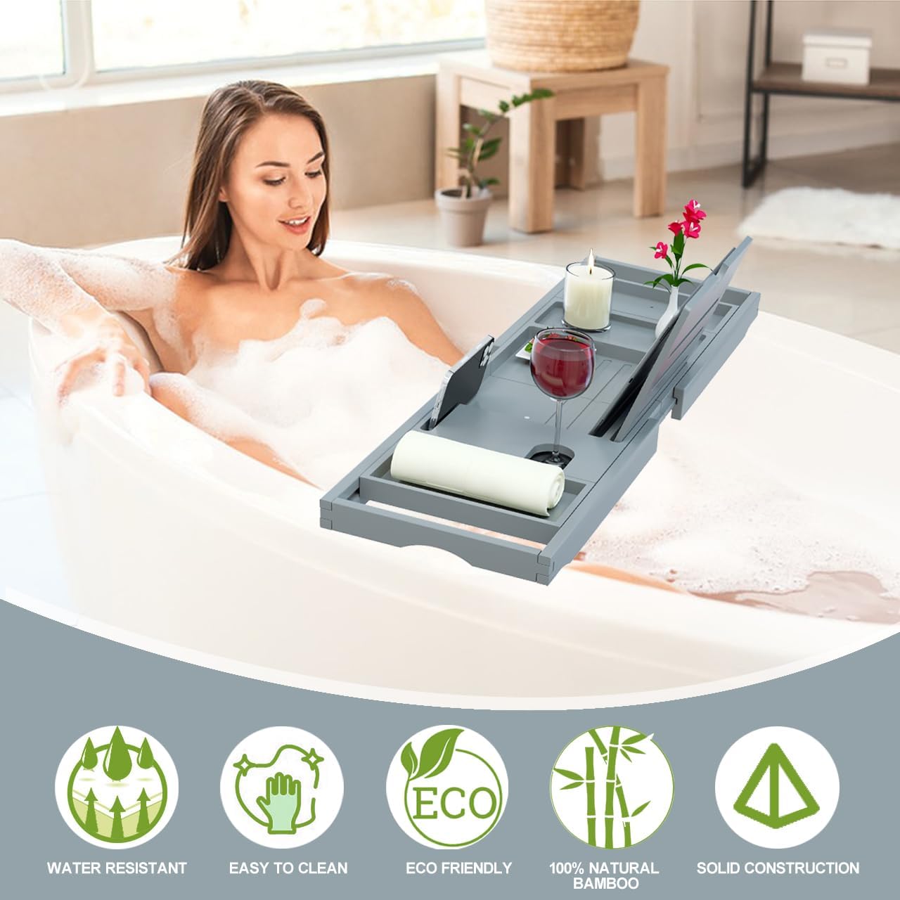 Premium Bamboo Bathtub Caddy - Expandable Size, Fits Most Bath Tubs - Grey