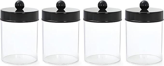 AXX Qtip Dispenser Apothecary Jars Bathroom - Qtip Holder Storage Canister Clear Plastic Jar for Cotton Swab,Q-Tips,Cotton Rounds (F#Black 4Pcs)