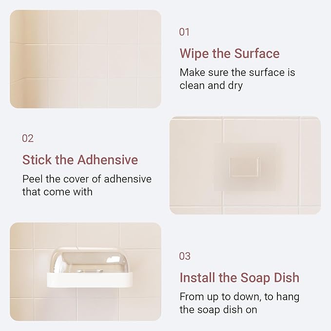 Wall Mounted Soap Holder - Set of 2, White Plastic with Clear Cover, Water Collection Tray, Bar Soap Dish Container Caddy with Lid for Bathroom, Shower, Kitchen Sink, Sponge Storage