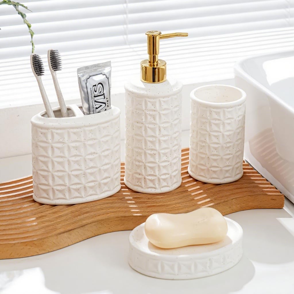 Bathroom Accessories Set 4 Pcs - Ceramic Soap Dispenser, Toothbrush Holder, Tumbler & Soap Dish with Coin Pattern Design, White Bathroom Decor Set for Counter Organization