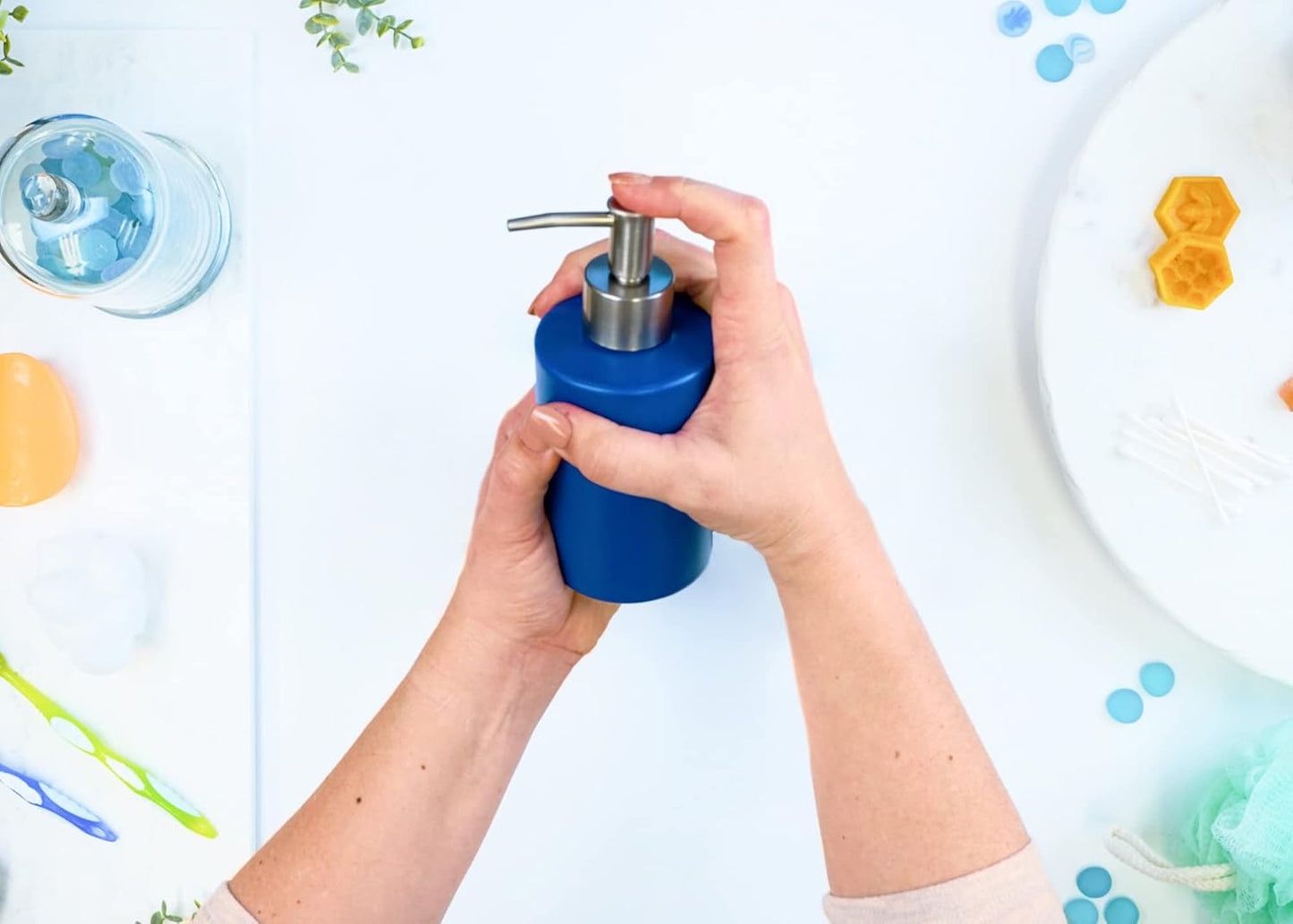 NAT & Jules Chic Modern Rounded 4.5 inch Ceramic Bathroom Accessories Set of 4 - Home Décor & Organization Perfect for Bath or Kitchen Household Essentials, Matte Blue