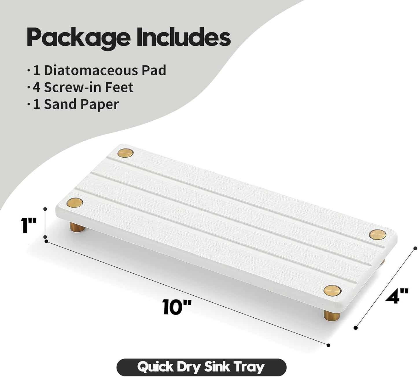 Instant Dry Sink Caddy Kitchen Sink Organizer, Quick Drying Diatomaceous Earth Stone Sink Tray Sponge Holder Soap Dish, Bathroom Countertop Vanity Dispenser Toothbrush, Gold White, 10" x 4"