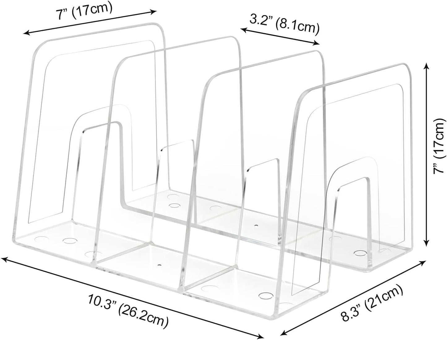 Clear Desktop Book Organizer, Creative Book Stand, Divider Bookshelf for Home School and Office, Non-Acrylic Stand Bookshelves (3 Sections), Transparent, Pack of 2