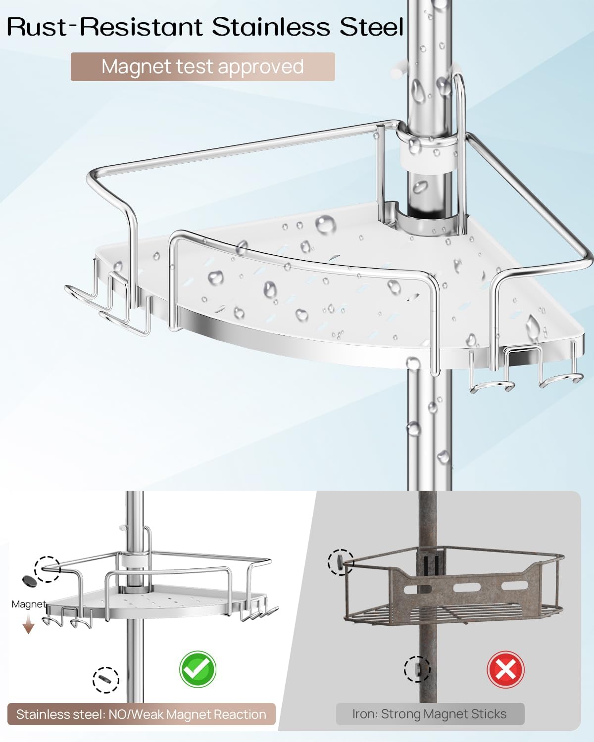ALLZONE Corner Shower Caddy Tension Pole – Upgraded Rust-Free Stainless Steel Shower Organizer with Adjustable Storage Shelves, Drill-Free Installation, Quick Setup, Extends from 34 to 116 Inches