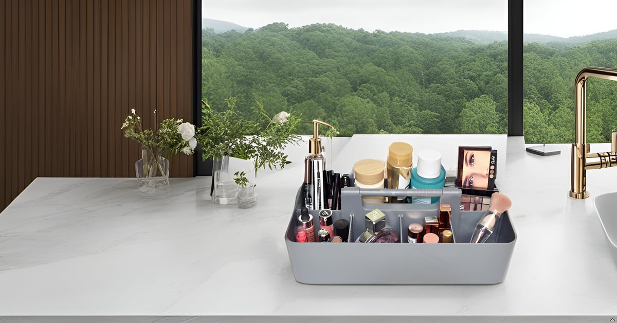 Portable Caddy Organizer -2 Stackable Plastic Caddy with Handle | Desk, Makeup, Dorm Caddy, Classroom Art Organizers (Made In Usa) (Ivory/Orion Gray)