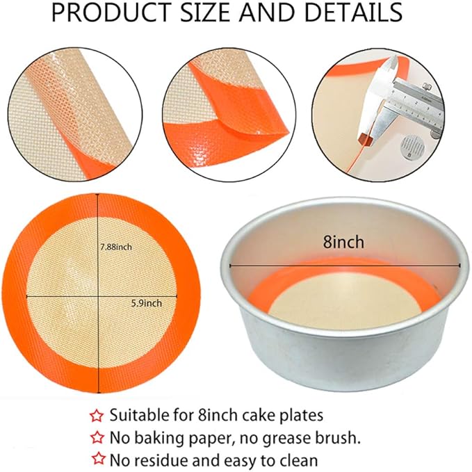 Round Silicone Baking Mats for 8 Inch Cake Pan, Food Grade, Non-Stick, Reusable Silicone Mat for Baking Pan for Bread/Tortilla/Macaron/Pastry/Pie/Bun or 9 Inch Pizza Pan, 2PCS