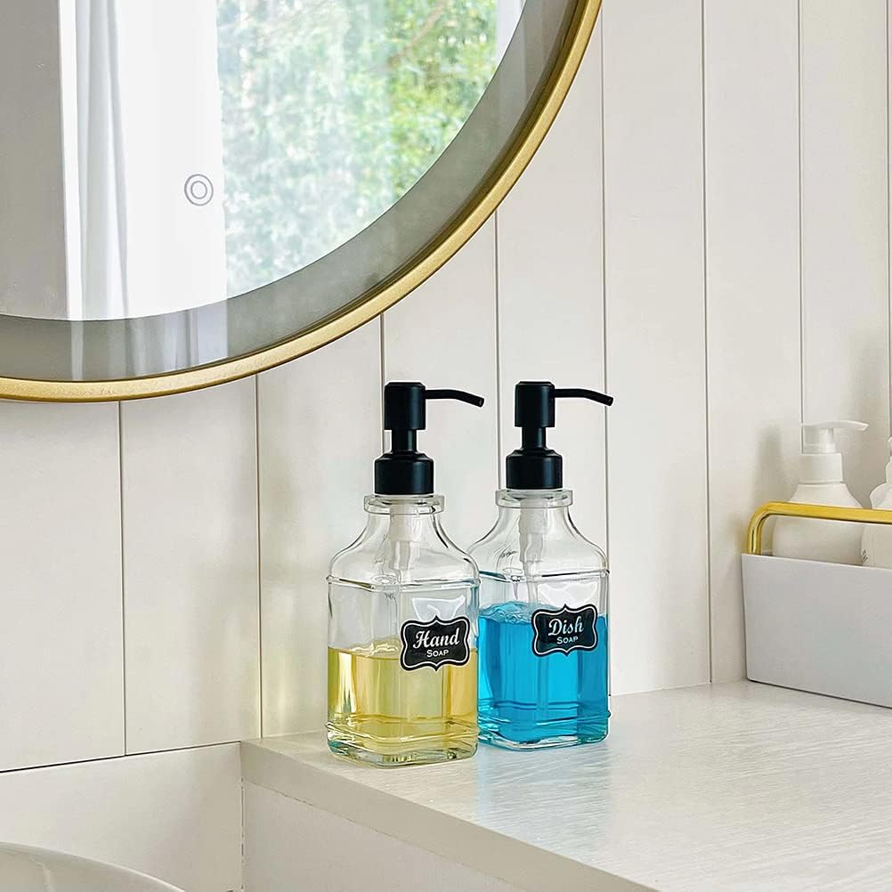 JASAI 2Pack Soap Dispenser with Rustproof Black Stain 304 Stainless Steel Pump, Stylish Hand soap Dispenser with 10Pcs Stickers, Refillable Glass Soap Dispenser for Kitchen & Bathroom.