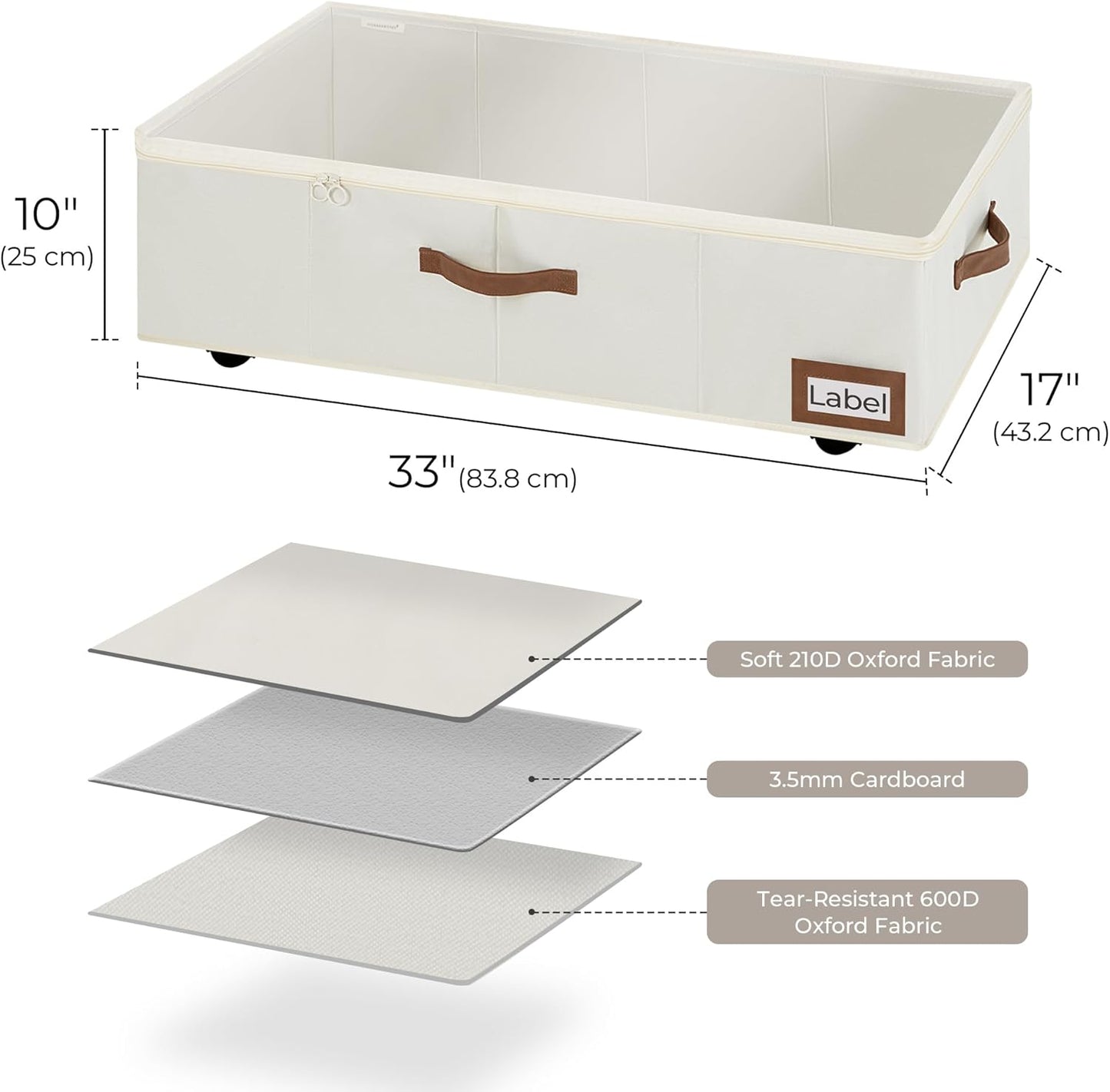 StorageWorks Under Bed Storage with Wheels, 10'' Underbed Storage Containers with Lid, 90L Clothes Organizer for Blankets, Sweaters, Bedding, 2-Pack, Beige