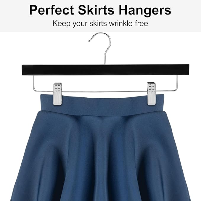 AMKUFO 20pcs Wooden Pants Hangers Solid Pants Hangers with Adjustable Clips 14 Inch Black Wood Skirt Hangers Trousers Bottom Hangers with Non-Slip Clips and 360° Swivel Hook