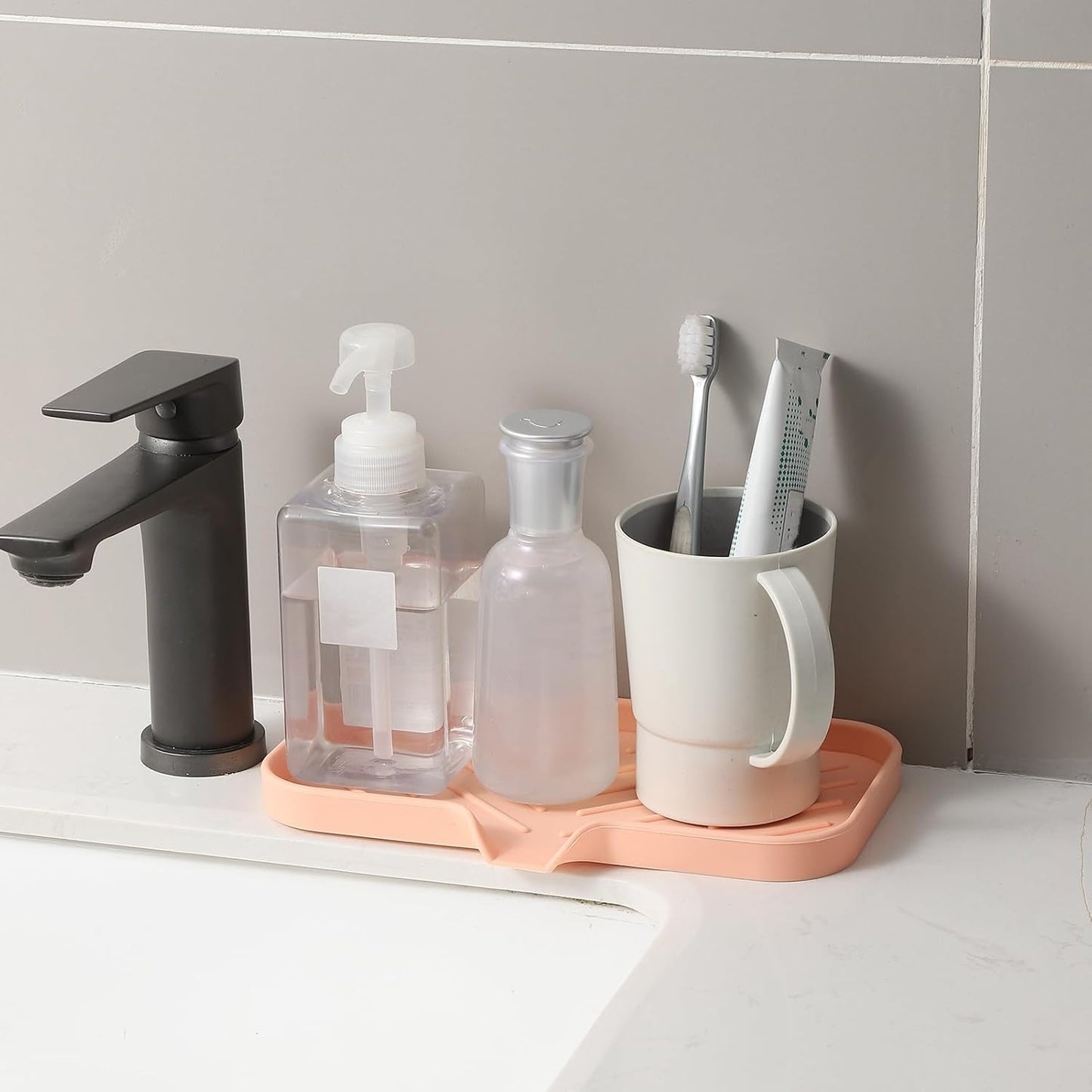 Silicone Bathroom Soap Dishes with Drain Spout-Bathroom and Kitchen Sink Organizer,Sponge Holder,Dish Soap Tray,Perfect for Dispenser,Scrubber,Bottle,Cup on Sink or Counter-Pink 9.6"×5.3"