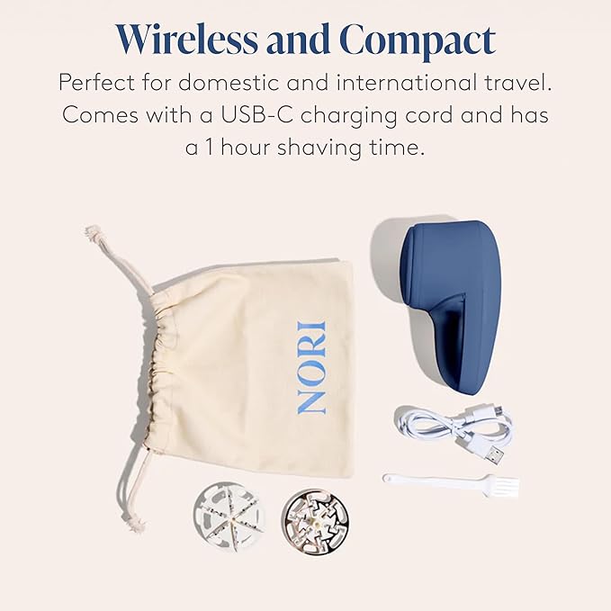 Nori Trim Fabric Shaver - Lint Remover for Clothes & Furniture Couch Pilling - Sweater Pill Remover - Clothes Shaver with 6 Precision Blades - Wireless and Rechargeable - Navy