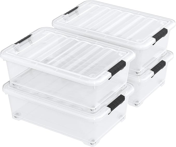20 Quart Under Bed Plastic Latch Storage Totes with Wheels, Clear Underbed Storage Container, 4 Packs
