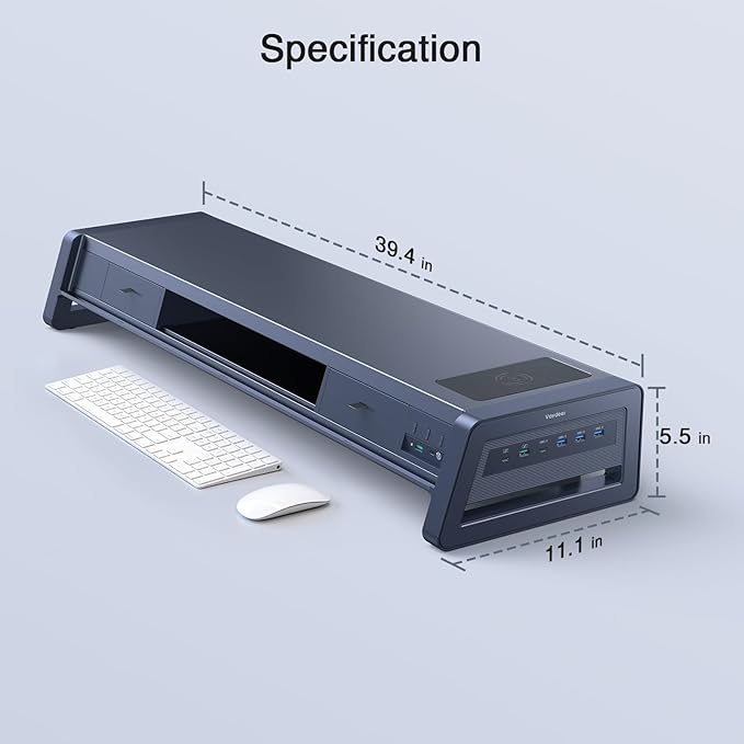 Vaydeer All-in-One Dual Monitor Stand Riser with 2 Drawers, 8USB Ports and Wireless Charging Pad with LED Light Strip for 2 Monitors , Desk Organizer for PC, iMac (Metal, 39.3 inches)