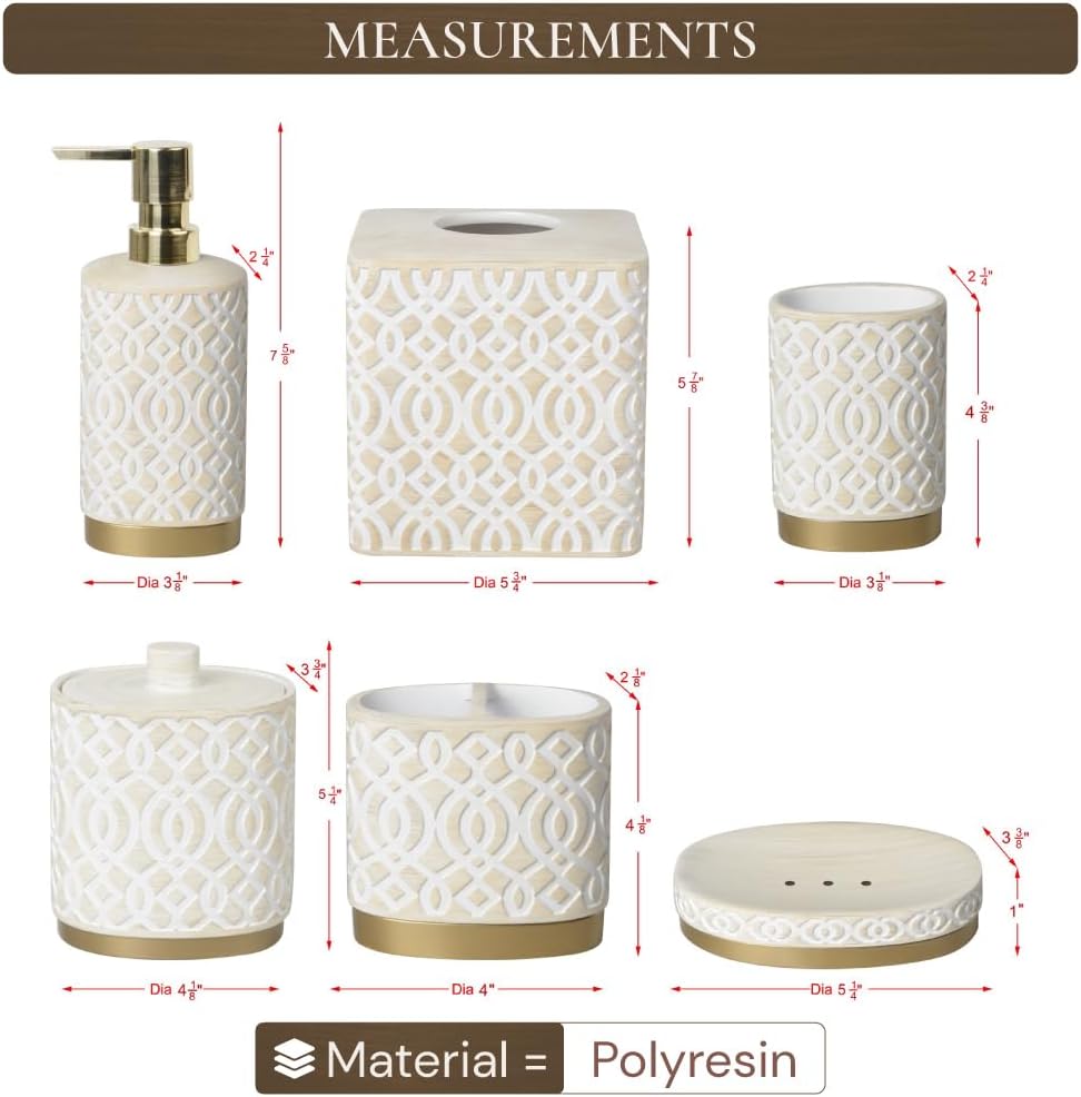 6-Piece Bathroom Accessories Set – Soap Dispenser, Toothbrush Holder, Tumbler, Soap Dish, Cotton Swab Jar & Toilet Brush – Modern Bathroom Decor Set (Solana)