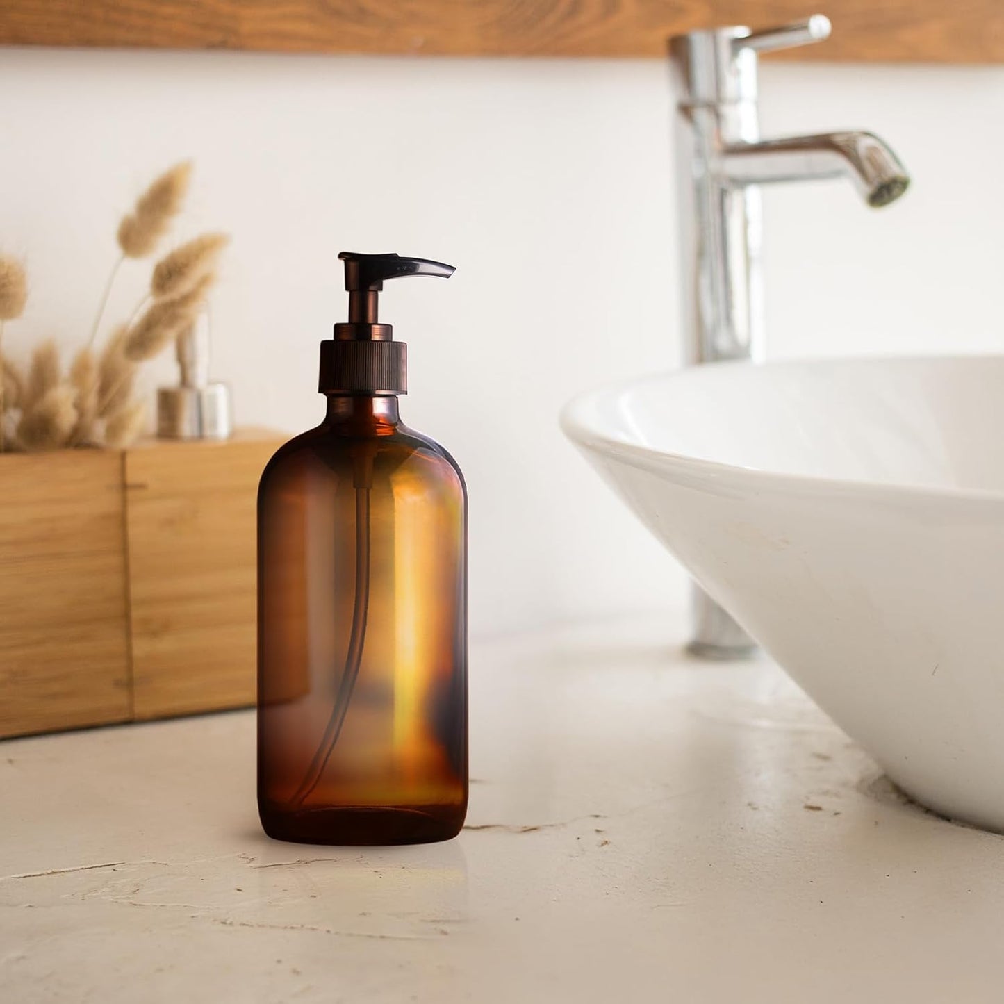 SOUL ONE 16oz Amber Glass Hand Soap Dispenser, 2 Pack - Thick Pump Bottles for Bathroom, Kitchen, Countertop - Refillable Brown Bottles for Shampoo, Conditioner, Lotion, Oil, Liquid, Set of 2