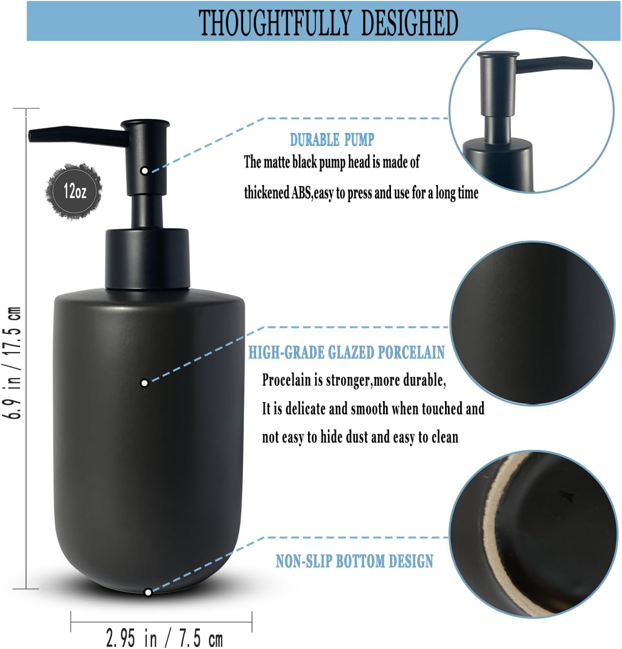 Black Soap Dispenser for Bathroom,Minimalist Modern Design Cylindrical Lotion Dispenser,12oz Ceramic Hand Dish Soap Dispenser,Refillable Liquid Dispenser for Kitchen,Matte Black Pump(Black)