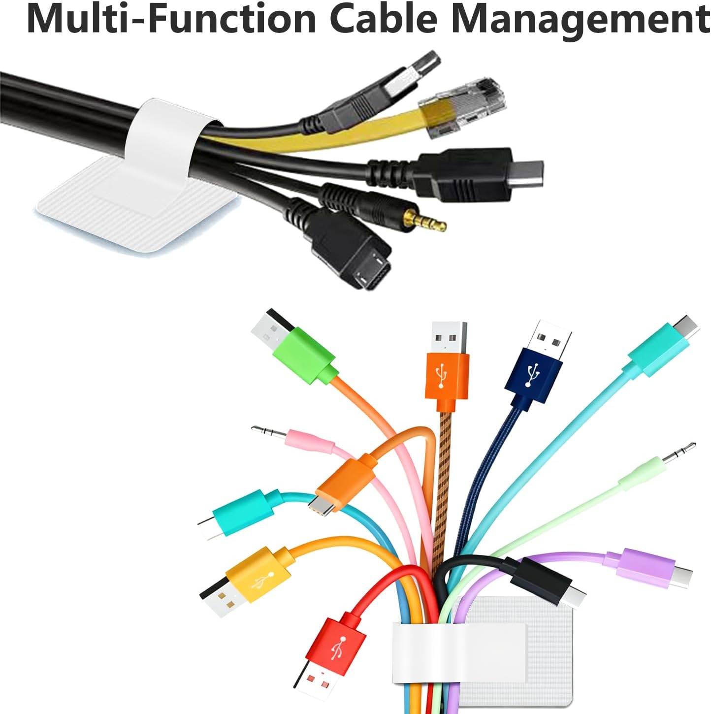 Desk Cable Management, Wire Organizers for Cords - Grey and White 48 PCS Sticky Back Self Adhesive Cable Ties, Hook and Loop Straps for Home or Office Use