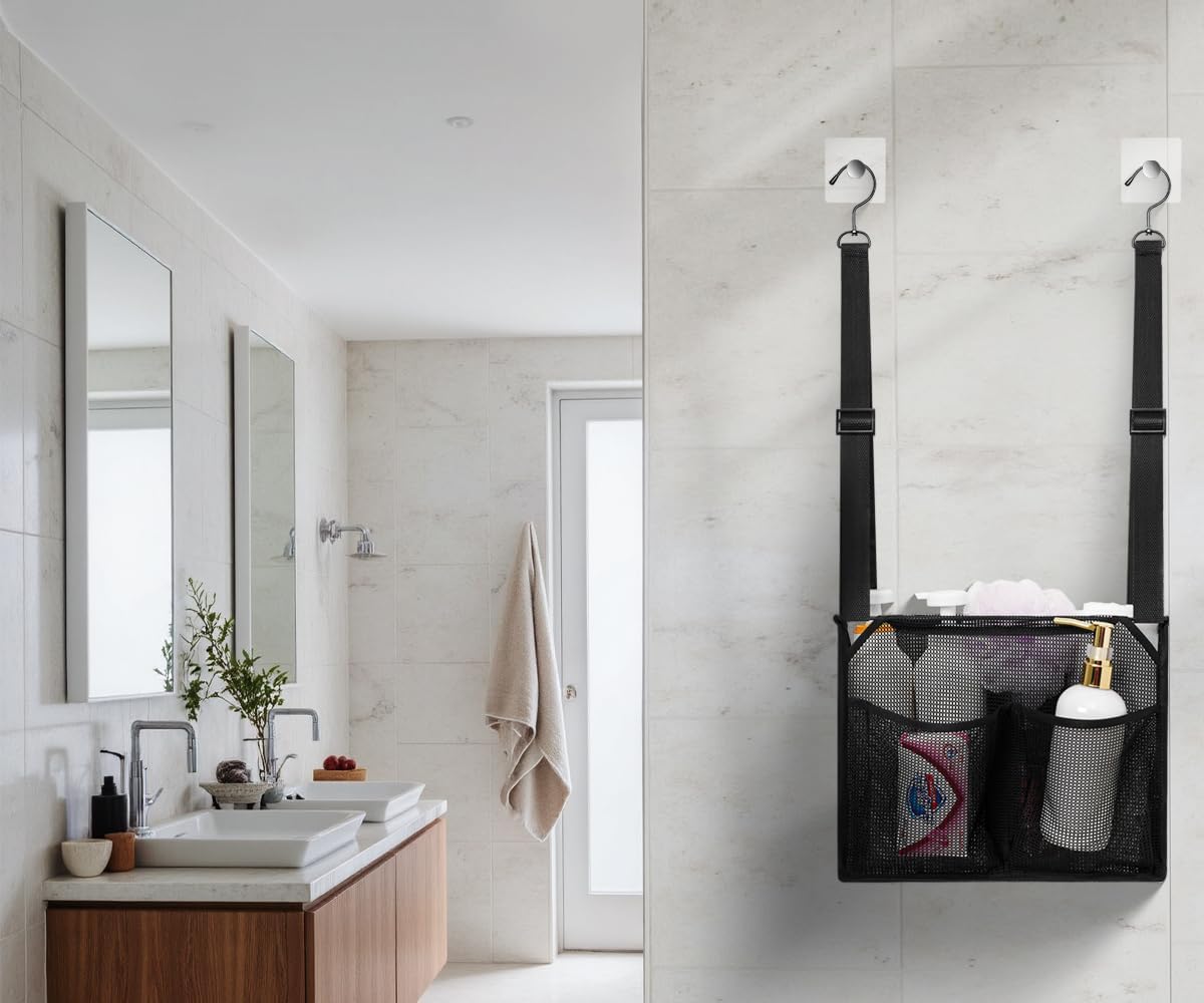 ALYER Mesh Shower Caddy, Bath Organizer with Adjustable Hanging Straps, Multipurpose Storage Bag for College,Camp,RV, Travel and Gym (Black)