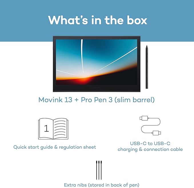 Wacom Movink Drawing Tablet with Screen, 13.3" OLED Touchscreen Portable Graphic Art Tablet w/Pro Pen 3, 10-bit Color Display for Mac, PC, Chromebook & Android