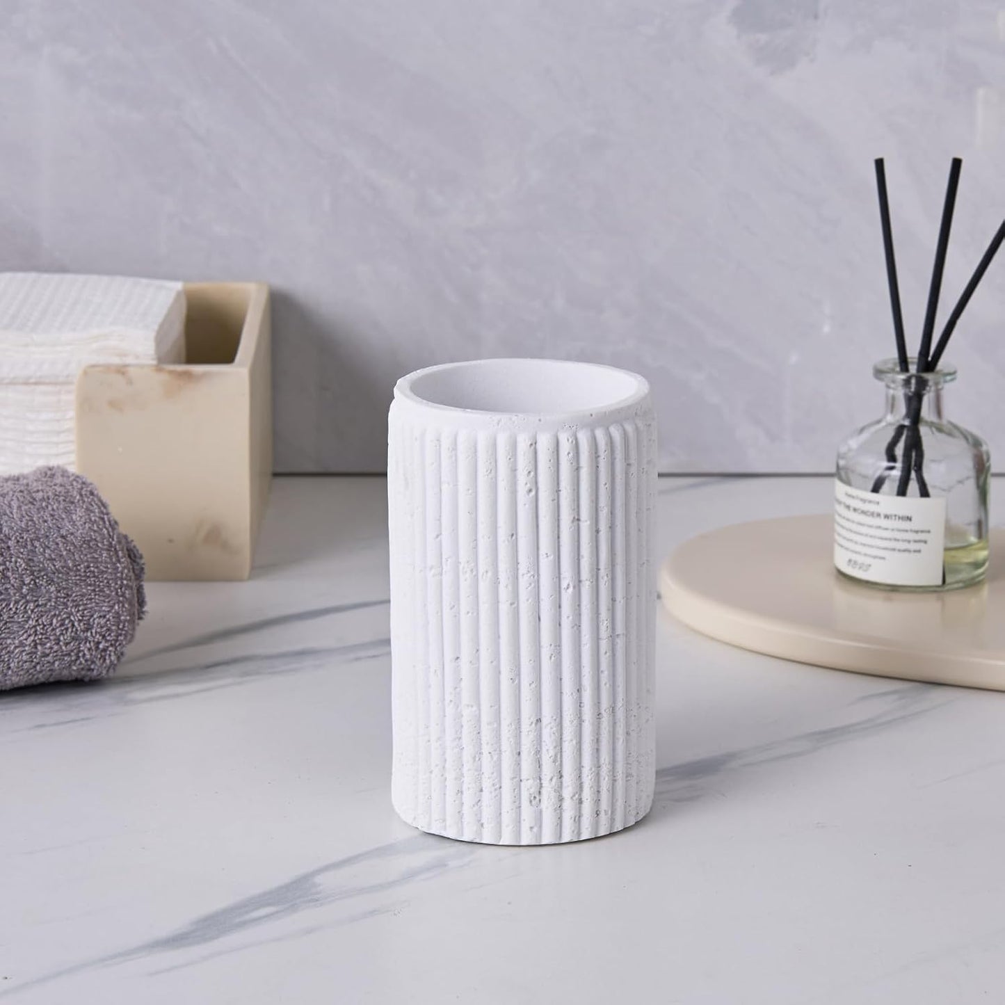 White Travertine Textures Bathroom Accessories Set 3 Pcs for Countertop - Toothbrush Holder Cup, Foaming Soap Dispenser, Soap Dish - Modern Resin Bathroom Décor Accessory Set for Housewarming Gift