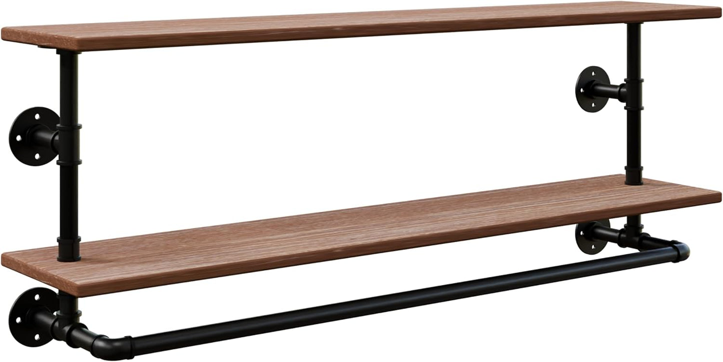 Clothes Rack 36/42/48in, Wall Mounted Garment Rack with Real Wood Shelf, Heavy Duty Hanging Clothes Rack, Multi-Purpose Hanging Rod, Space-Saving Closet Storage (1T36IN) (2T48IN)