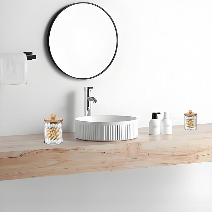 AXX Qtip Dispenser Apothecary Jars Bathroom - Qtip Holder Storage Canister Clear Plastic Jar for Cotton Swab,Q-Tips,Cotton Rounds (Bamboo 1Pcs)