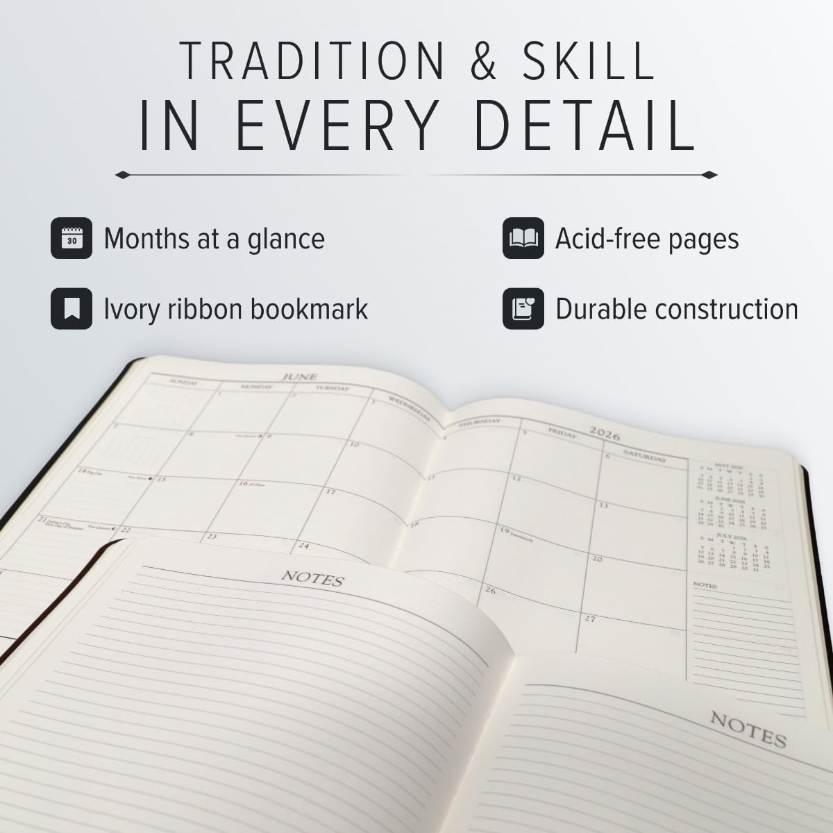 Gallery Leather Desk Monthly Planner 2025-2026, Elegantly Bound Calendar Planner and Notebook with Stylish Gold-Gilded Page Edges, 18 Months - Acadia Malibu - 8x5.5โ